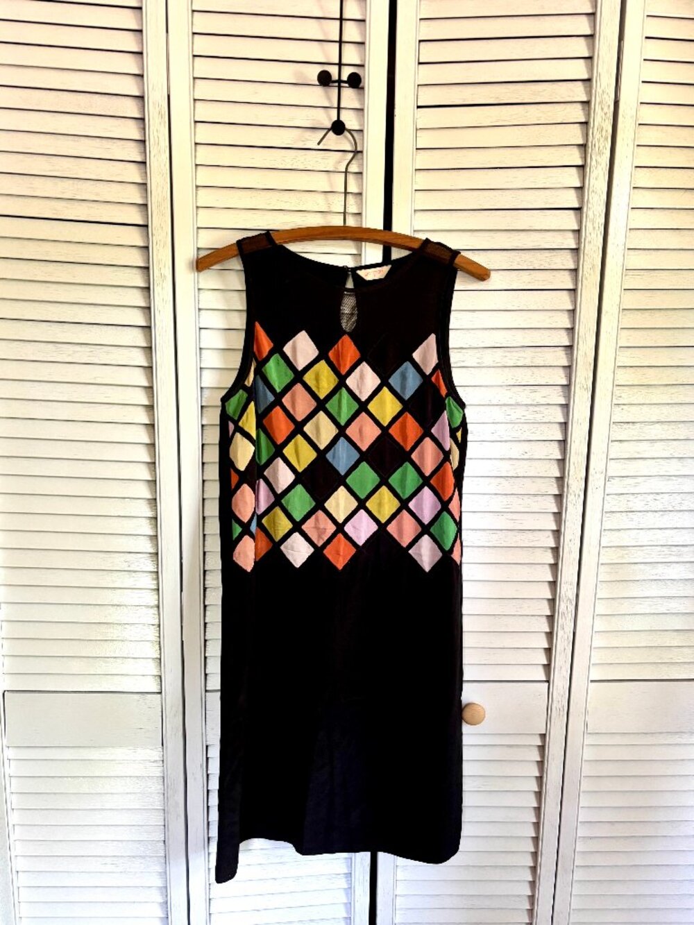 Gorman Silk Multicolor Diamond Pattern Shift Dress with Mesh Panel
